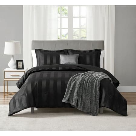 Mainstays Rich Black 5 Piece Damask Stripe Comforter Set, Full/Queen, Adult, Unisex