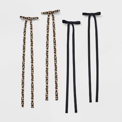 Girls' 4pk Long Tail Leopard Printed Satin Bow Claw Clip Set - art class™ Black/Brown