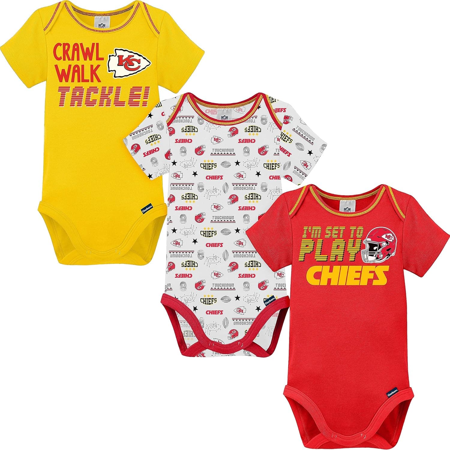 Gerber NFL Kansas City Chiefs 3 Pack Short Sleeve Bodysuit, red/yellow/white Kansas City Chiefs, 0-3 Months (137453160CHF03M-604)