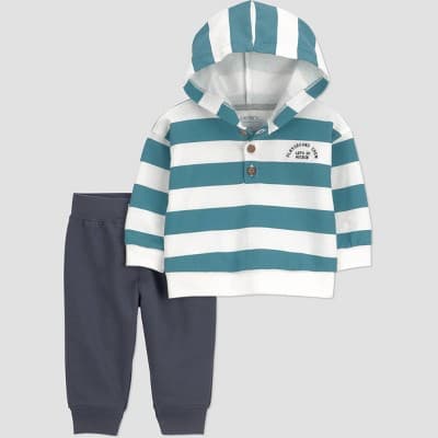 Carter's Just One You® Baby Boys' 2pc Playground Crew Striped Hooded Sweatshirt and Jogger Pants Set - Gray Newborn