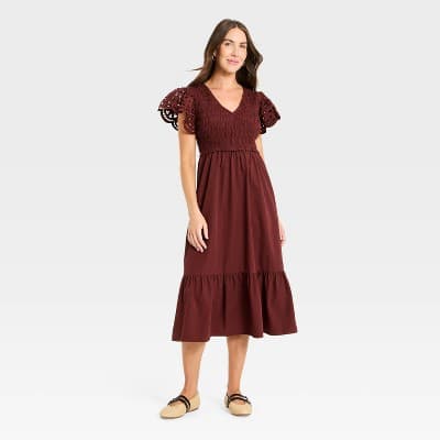 Women's Flutter Short Sleeve Smocked Midi A-Line Dress - Universal Thread™ Maroon XS