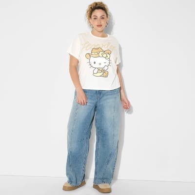 Women's Hello Kitty Howdy Short Sleeve Graphic Shrunken T-Shirt - White 1X
