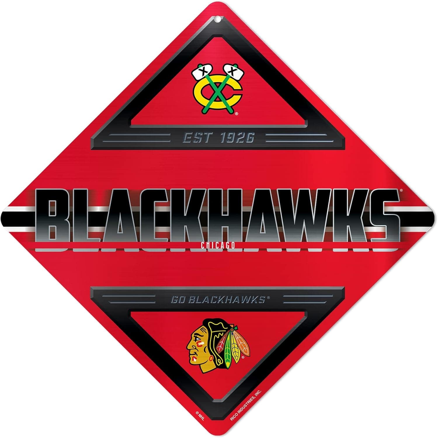 Elevate Your Home Decor with the Rico Industries NHL Chicago Blackhawks Metal Crossing Sign