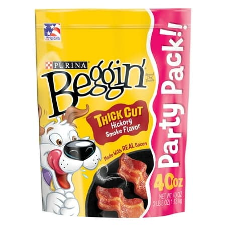 Purina Beggin' Strips Dog Treats Thick Cut Hickory Smoke Bacon Tender Chews, 40 oz Pouch