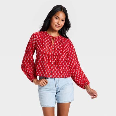 Women's Balloon Long Sleeve Printed Blouse - Universal Thread™ Red Floral L: Cottagecore