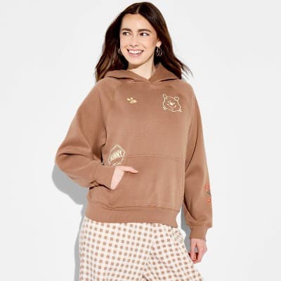 Women's Winnie the Pooh Farm Hooded Graphic Pullover Sweatshirt - Light Brown XS