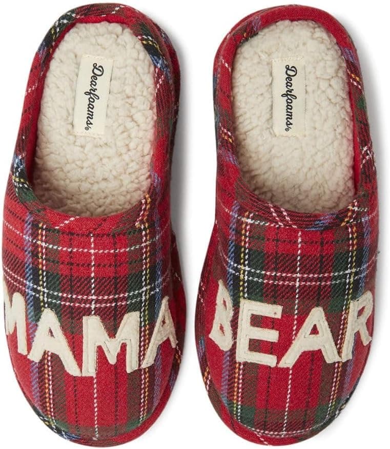 Dearfoams Women's Gifts for Mom Cute Cozy Mothers Day Mama Bear Slipper, Tartan Plaid, 7-8
