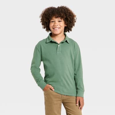 Boys' Long Sleeve Polo Shirt - Cat & Jack™ Green XXL Husky
