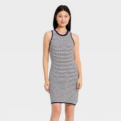 Women's Crochet Mini Sweater Dress - A New Day™ Navy Blue Striped M