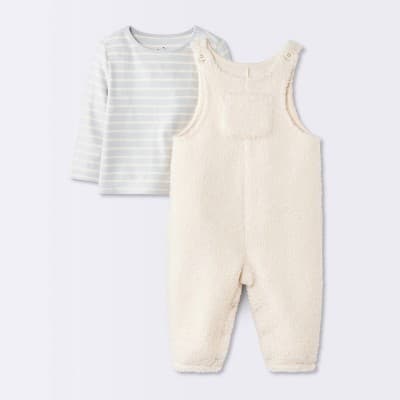 Baby Boys' 2pc Striped Long Sleeve T-Shirt and Boucle Overalls Set - Cloud Island™ Cream 0-3M