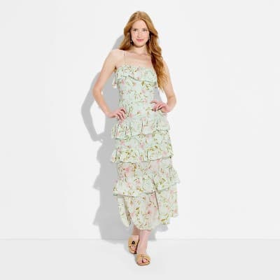 Women's Flounce Tiered Maxi A-Line Dress - Wild Fable™ Green Floral M