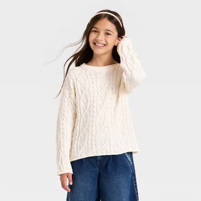 Girls' Cable Knit Pullover Sweater - Cat & Jack™ Cream L