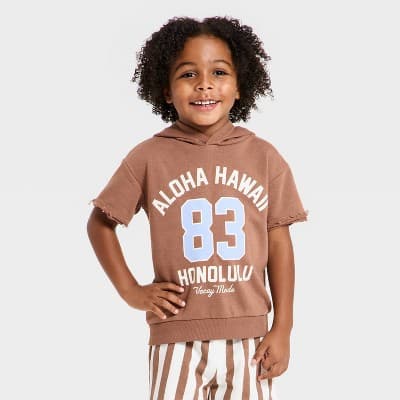 Grayson Mini Toddler Boys' Short Sleeve French Terry Hooded Sweatshirt - Brown 2T