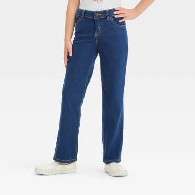 Girls' Mid-Rise Denim Straight Jeans - Cat & Jack™ Dark Wash 6: Adjustable Waistband, Front Pocket