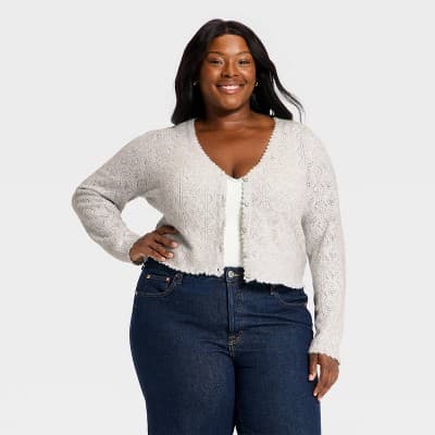Women's V-Neck Cozy Lace Cardigan Sweater - Universal Thread™ Light Gray XXL