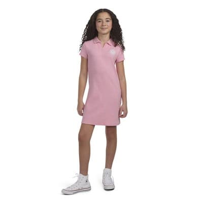 Converse® Girls' Short Sleeve Polo Dress - Pink XS: Cotton Knit, Collared, Pullover, Mini Length