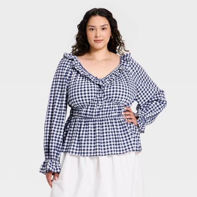 Women's Plus Balloon Long Sleeve V-Neck Frill Woven Top - Ava & Viv™ Navy Blue Gingham 1X