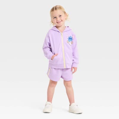 Toddler Girls' 2pc Disney Lilo & Stitch Zip-Up Hoodie & Shorts Set - Purple 18M