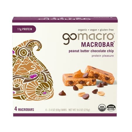 GoMacro MacroBar Organic Vegan Protein Bars - Peanut Butter Chocolate Chip 11 grams (4 Count)