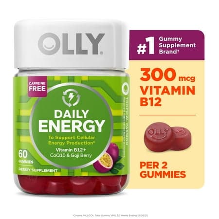 OLLY Daily Energy Gummy Supplement, Vitamin B12, CoQ10, Goji Berry, Tropical Passion Flavored, 60 Ct