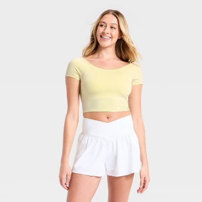 Women's Seamless Cropped Short Sleeve Support Top - JoyLab™ Yellow S