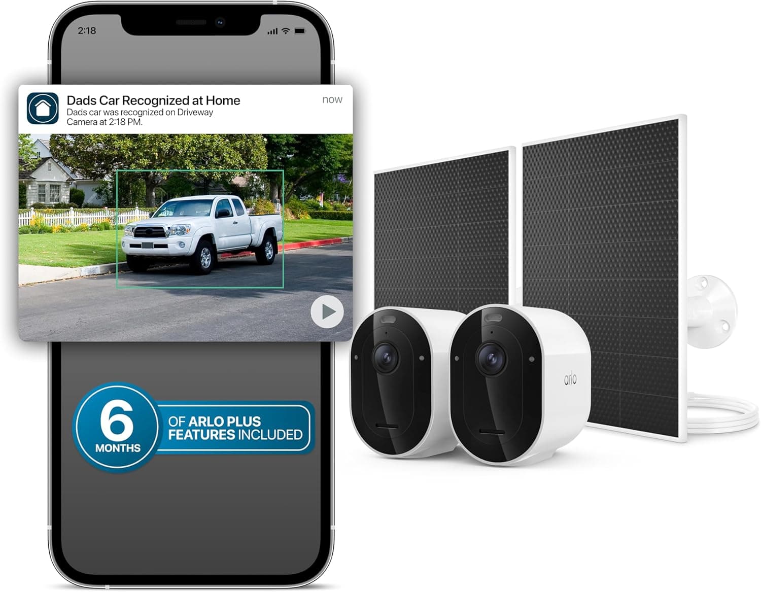 Arlo Pro Security Camera 2K HDR (6th Gen, 2025 Release) 2 Cam + 2 Solar Panels + 6 Months of Secure Plus Plan - Wireless Outdoor Camera, Battery Power, Person, Vehicle & Animal Detection, White