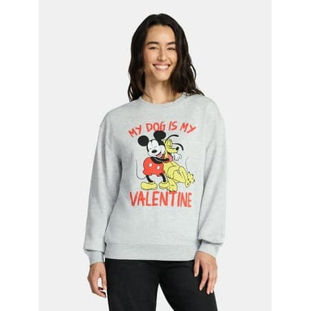 Mickey Mouse Women's My Dog Is My Valentine Graphic Sweatshirt with Long Sleeves, Sizes XXS-XXL