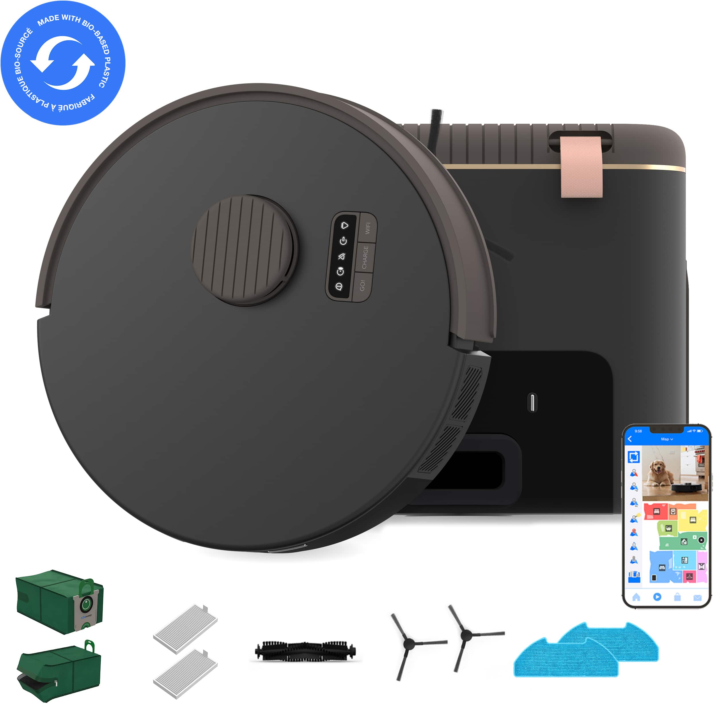 bObsweep - Bio Auto-Empty Robot Vacuum & Mop with 100-Day Dock, Activate Charcoal Odor Filtration, Made of Bio-Based Plastic - Rock