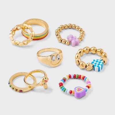Girls' 8pk Smiley Bear and Heart Ring- art class™: Acrylic Band Set, Size 5, 18mm Diameter
