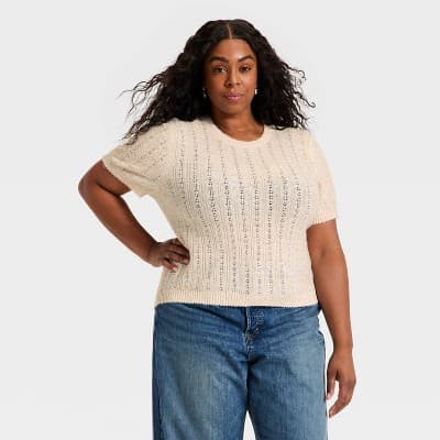 Women's Short Sleeve Pointelle Crewneck Pullover Sweater - Universal Thread™ Cream 2X