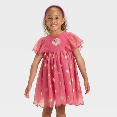Toddler Girls' Disney Princess Metallic Shine Short Sleeve Tulle Dress - Pink 2T