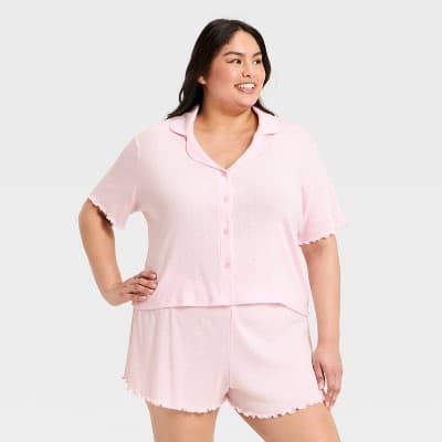 Women's Notch Collar Shirt and Shorts Pajama Set - Wild Fable™ Pink 2X