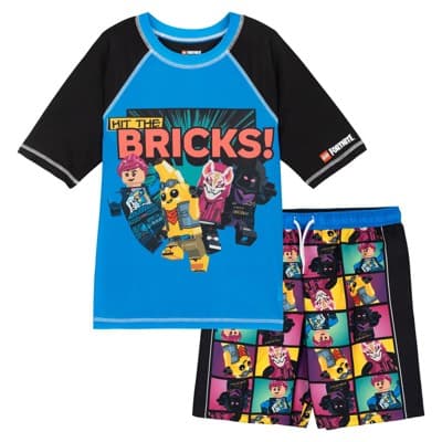 LEGO Fortnite Little Boys' Raglan Short Sleeve Graphic Swim Shirt and Allover Print Board Shorts Outfit Blue Black 5