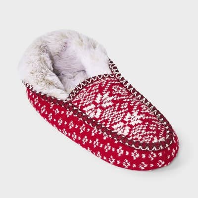 Women's Fair Isle Knit Slipper Sock with Faux Fur Lining and Grippers - Auden™ Red S/M