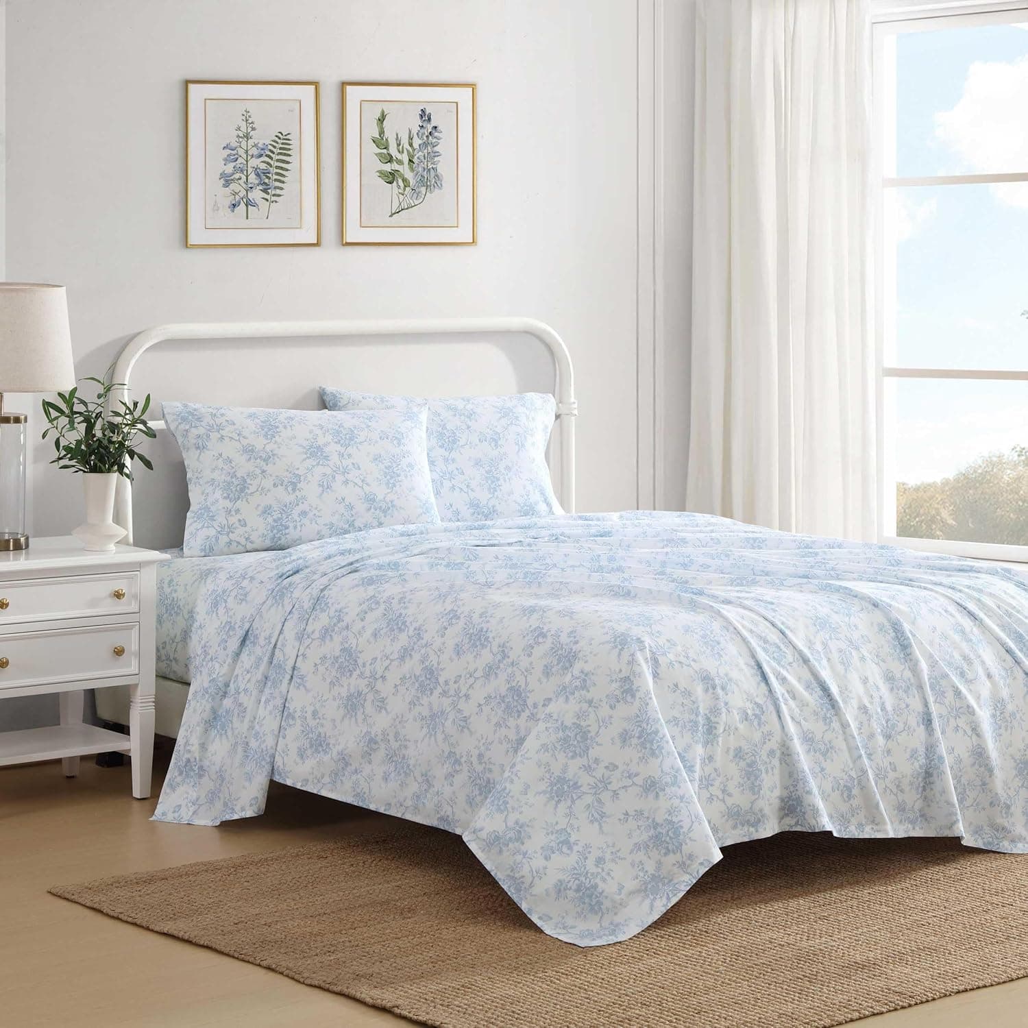 Laura Ashley – Twin Size Sheet Set, Crisp & Lightweight Cotton Percale Bedding with Fitted Sheet and Pillowcase, Floral Room Decor, Deep Pocket, College Dorm Room Essentials (Walled Garden Blue)