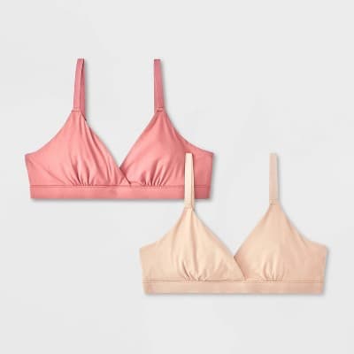 Girls' 2pk Fits All Triangle Bra - art class™ Sand Beige/Rose Red S