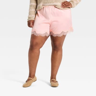 Women's Fashion Pull-On Lace Trim Shorts - A New Day™ Pink 2X