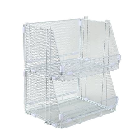 Mainstays Folding Stackable Storage Baskets, Collapsible Plastic Organizer Bins with Clip Handles, 2 Pack, White