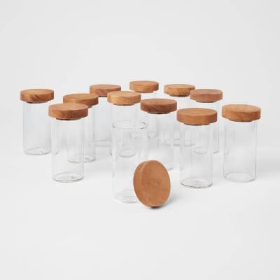 4oz 12pk Round Spice Jar with Wood Lids Set - Threshold™: Glass Condiment Servers, Hand Wash, Traditional Style