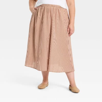 Women's Pull-On Midi Skirt - A New Day™ Brown Gingham 2X
