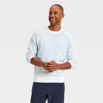 Men's Soft Knit Crewneck Sweater - Goodfellow & Co™ White/Blue Striped L