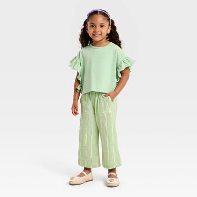 Grayson Mini Toddler Girls' Striped Guaze T-Shirt and Pant Set - Light Green 18M