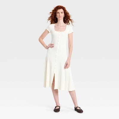 Women's Short Sleeve Ribbed Button-Front Midi Sundress - Universal Thread™ Cream XL
