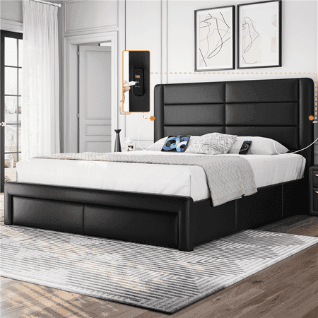 Renwick Upholstered Platform Bed with Storage Drawers and USB Ports, All Ages, Black, Queen