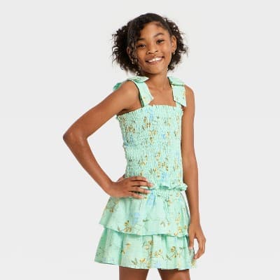 Girls' Smocked Tie Strap Floral Tank Top - art class™ Light Mint Green XXL