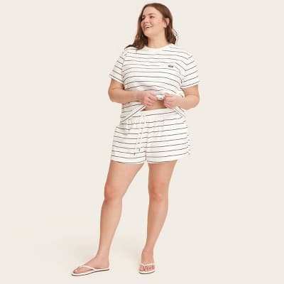 Women's High-Rise Drawstring Knit Pull-On Shorts - Parke x Target Navy Blue Striped 1X