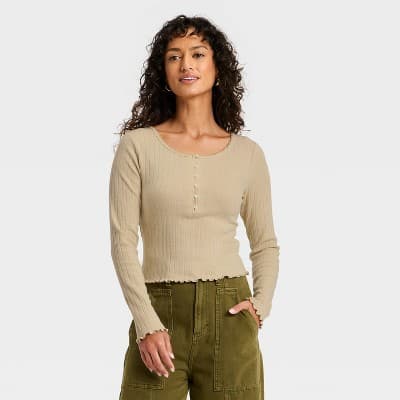 Women's Long Sleeve Pointelle Henley Shirt - Universal Thread™ Tan S