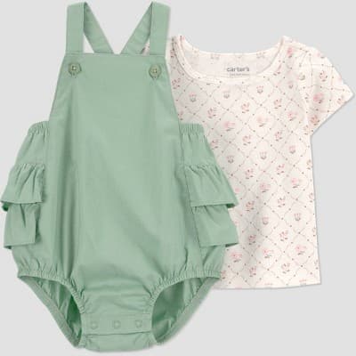 Carter's Just One You® Baby Girls' 2pc Floral Ruffle Overalls Set - Green 3M