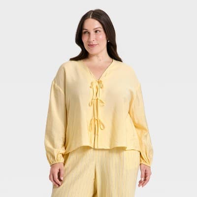 Women's Balloon Long Sleeve Tie-Front Blouse - A New Day™ Yellow XXL