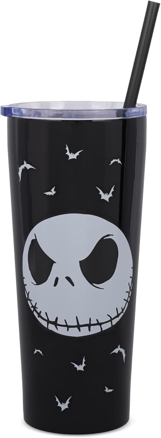 Silver Buffalo Disney Tim Burton's Nightmare Before Christmas Jack Skellington “Seriously Spooky” Double Walled Stainless Steel Tumbler With Straw, 22 Ounces